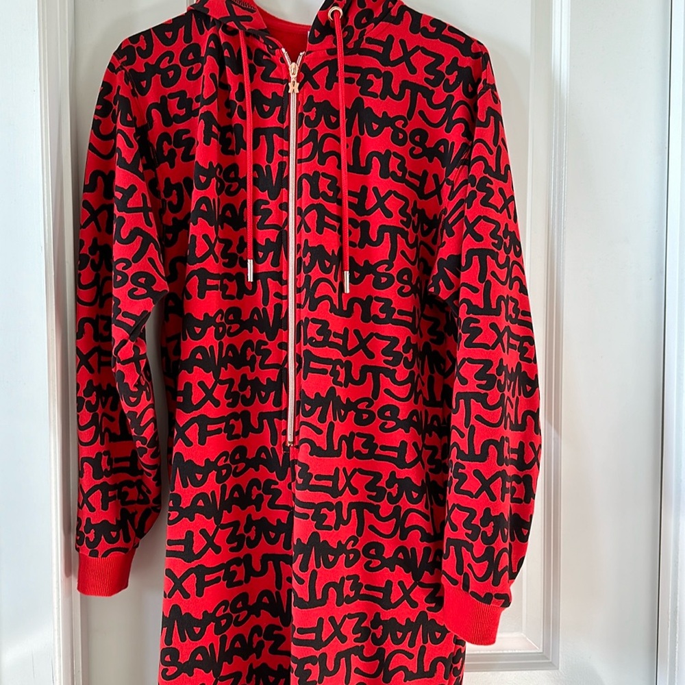 Savage X Fenty Forever Hooded Onesie Small in Goji Berry Red Logo Oversized